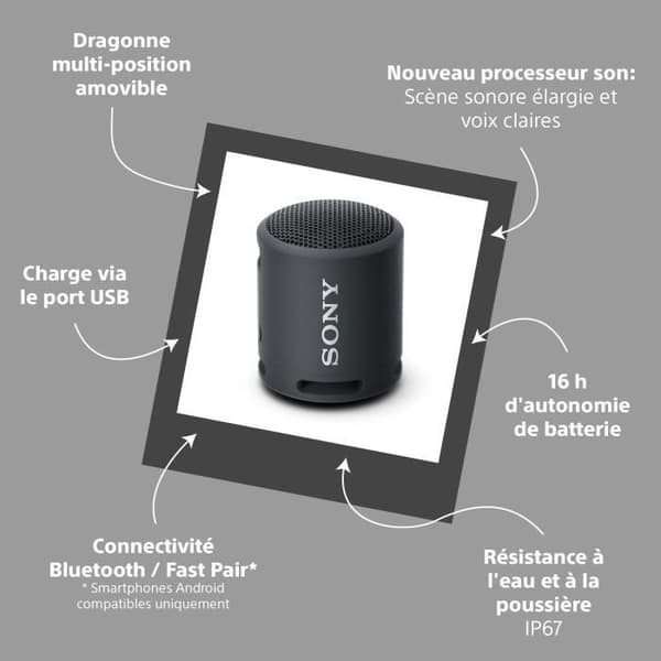 SONY SRSXB13 - Bärbar högtalare - Bluetooth - Extra bas - Vattentät - 16 timmars autonomi - Svart