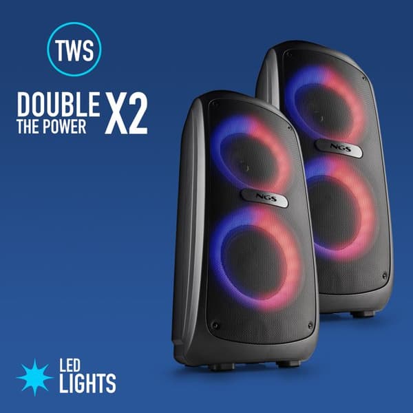 NGS WILD TEMPER: PORTABEL FESTHÖGTALARE 200 W, LED-LJUS, BLUETOOTH OCH TWS KOMPATIBILITET, USB/AUX INGÅNG, 5 TIMMARS BATTERI.