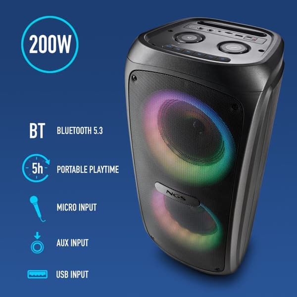 NGS WILD TEMPER: PORTABEL FESTHÖGTALARE 200 W, LED-LJUS, BLUETOOTH OCH TWS KOMPATIBILITET, USB/AUX INGÅNG, 5 TIMMARS BATTERI.