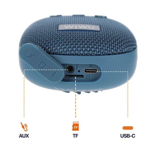 Mini Bluetooth-högtalare 6 timmars batteritid IPX5 vattentålig med karbinhake wiwu Blå