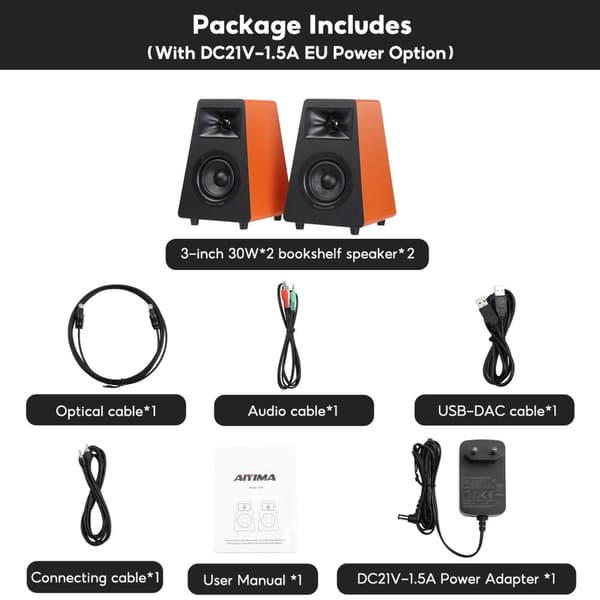 Aktive trådløse boghylde højttalere, 50W RMS effekt, Bluetooth 5.3 forbindelse,Orange med EU-stik