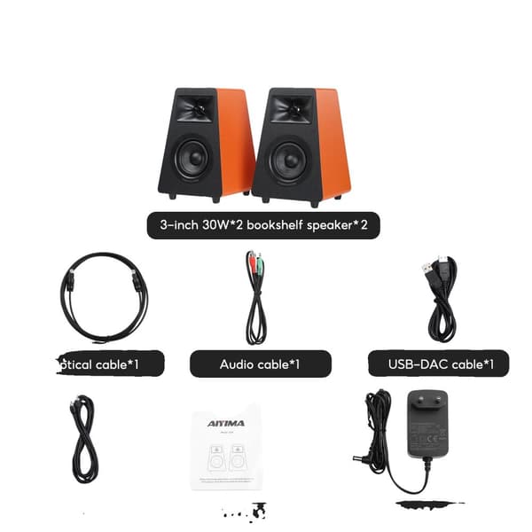 Aktive trådløse boghylde højttalere, 50W RMS effekt, Bluetooth 5.3 forbindelse,Orange med EU-stik
