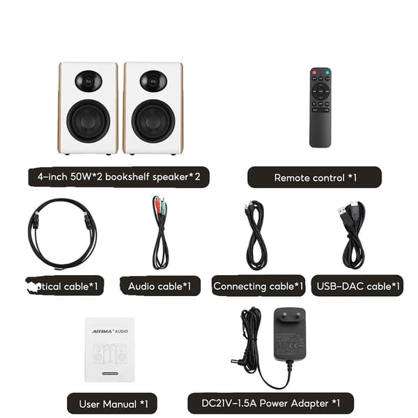 Aiyima Bokhyllhögtalare, 100W Nominell Effekt, Bluetooth 5.3 Anslutning,EU-kontakt