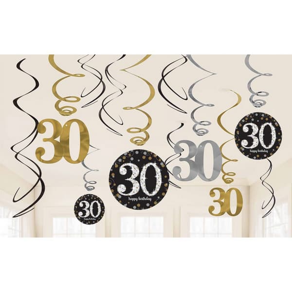 Amscan Sparkling Gold Celebration 30th Birthday Hanging Swirl Decorations - 12 Pack