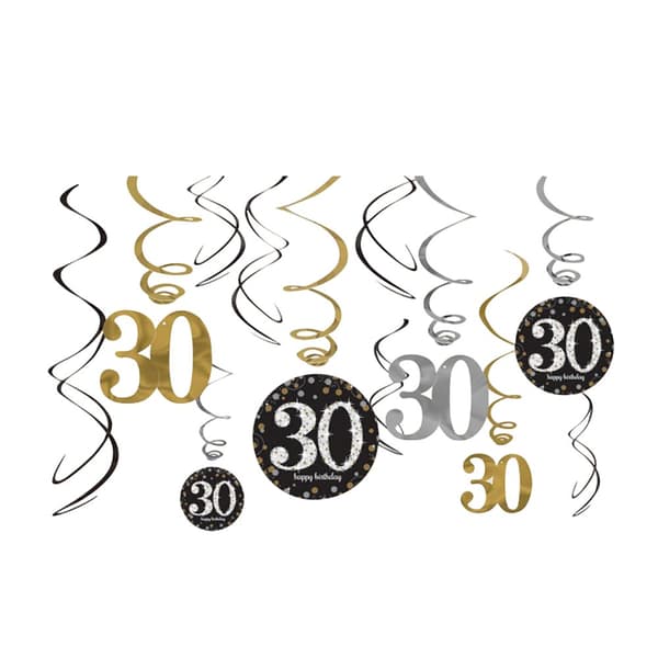 Amscan Sparkling Gold Celebration 30th Birthday Hanging Swirl Decorations - 12 Pack Gold One Size