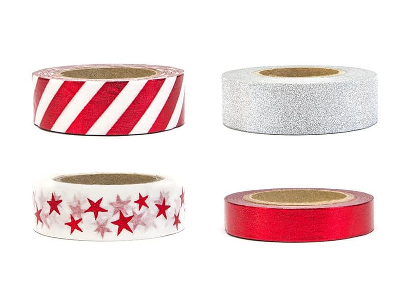 Washi tejp röd/vitt/silver mönster, 4 st.