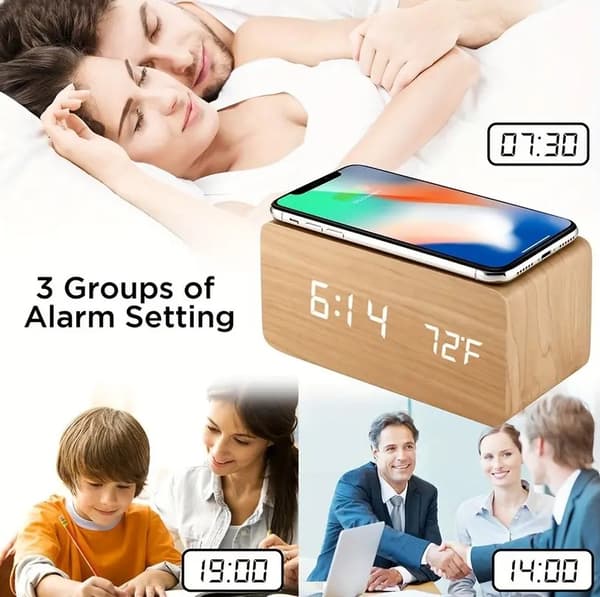 Digital Väckarklocka med trådlös laddning i betsat ljust trä, snooze, tid/datum