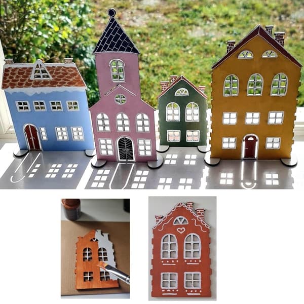Set med 4 hus i vit MDF - Fristående möjlighet att måla själv - pyssel idé