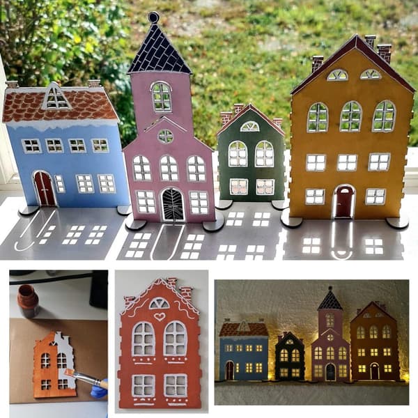 Set med 4 hus i vit MDF - Fristående möjlighet att måla själv - pyssel idé