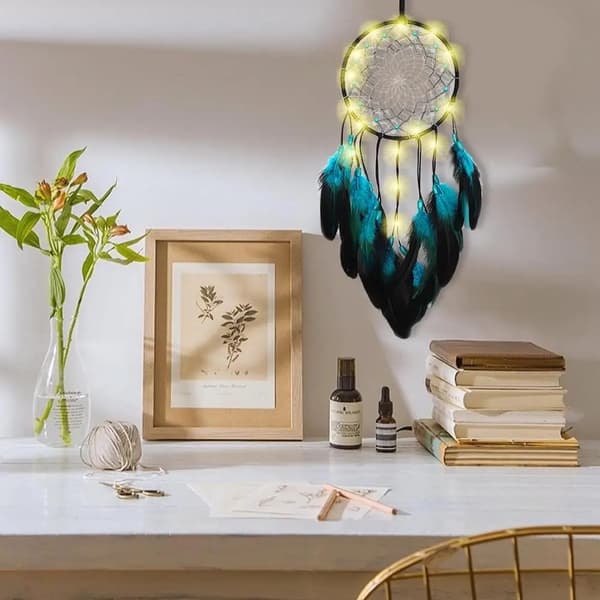 Dream Catcher Blå fjærhengende dekor Vindklokkeveggpynt LED-lysstripe