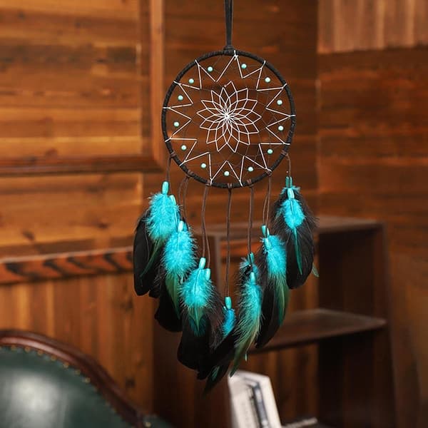 Dream Catcher Blå fjærhengende dekor Vindklokkeveggpynt LED-lysstripe