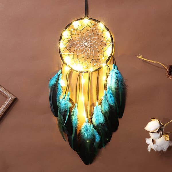 Dream Catcher Blå fjærhengende dekor Vindklokkeveggpynt LED-lysstripe