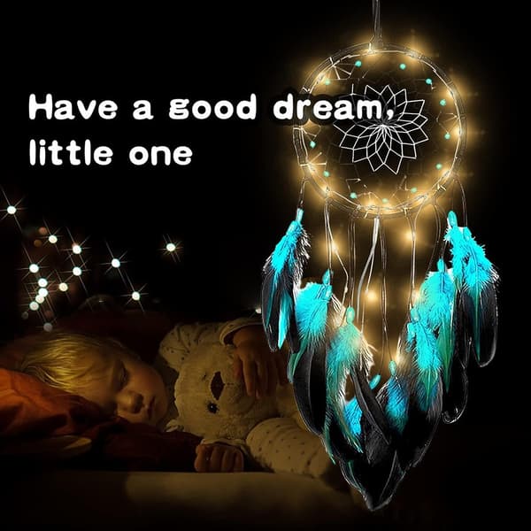 Dream Catcher Blå fjærhengende dekor Vindklokkeveggpynt LED-lysstripe