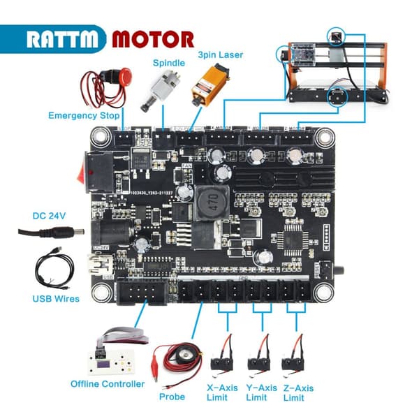 CNC Controller Board, USB GRBL 11 Understøtter Laser, Grænseafbryder, Nødstop