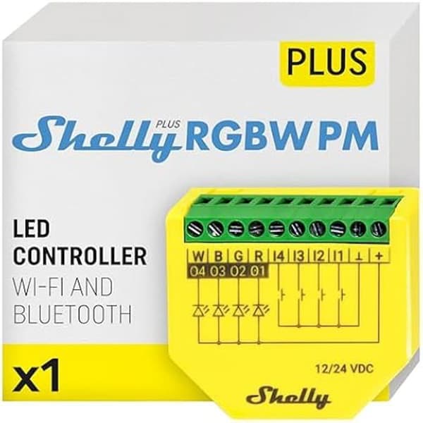 Shelly Plus RGBW PM | Ansluten RGBW-kontrollmodul för Wi-Fi och Bluetooth LED-remsor | 12-24 VDC | Förbrukningsmätare &amp;