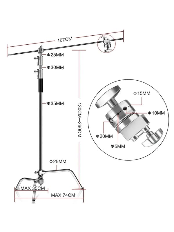 Valokuvaus C-tuki, 260 cm maksimi korkeus, ruostumaton teräsrakenteinen,2.6M Vain C-tuki
