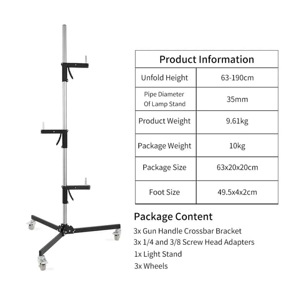 Ljusstativ, Justerbar Höjd 63-190 cm, Konstruerat med Hjul,3st vapensupporter