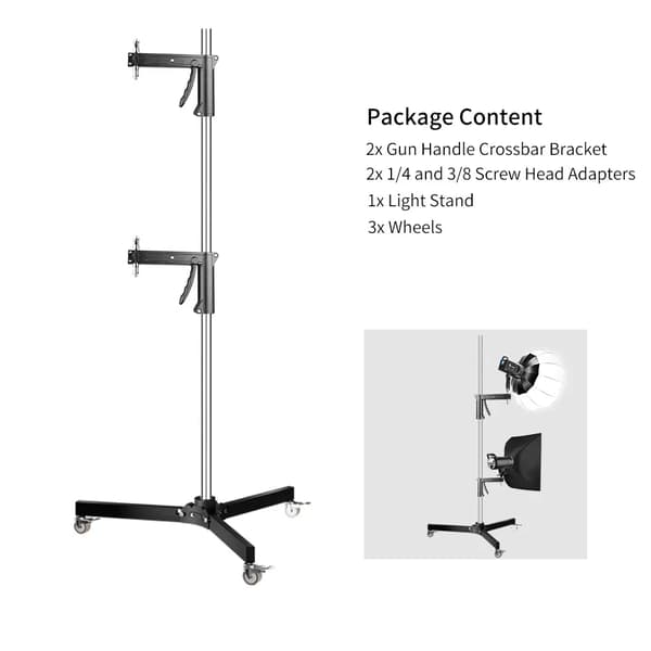 Lysstativ, justerbar højde 63-190 cm, 3x pistolgrebsbeslag,2stk våbenholdere