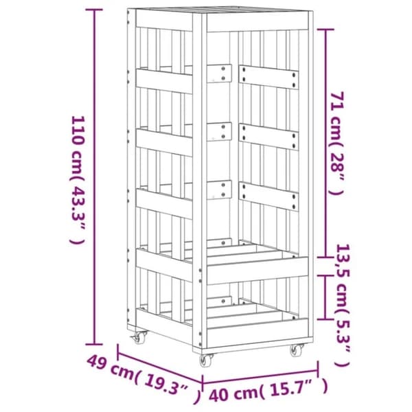 vidaXL Vedstativ med hjul svart 40x49x110 cm heltre furu