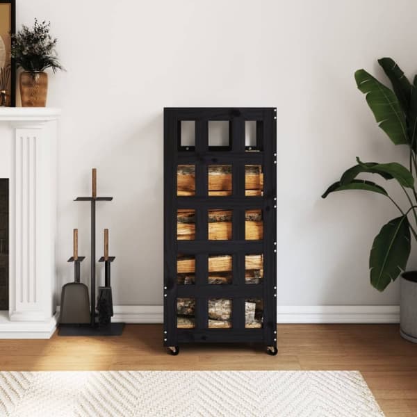 vidaXL Vedstativ med hjul svart 40x49x110 cm heltre furu