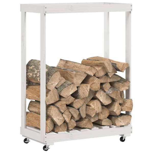 vidaXL brændestativ med hjul 76,5x40x108 cm massivt fyrretræ hvid