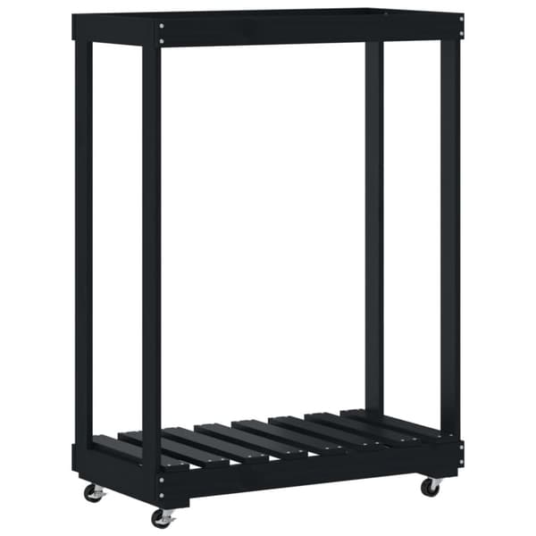 vidaXL brændestativ med hjul 76,5x40x108 cm massivt fyrretræ sort