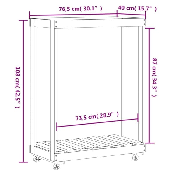vidaXL brændestativ med hjul 76,5x40x108 cm massivt fyrretræ sort