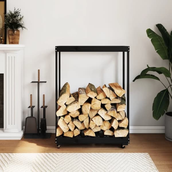 vidaXL brændestativ med hjul 76,5x40x108 cm massivt fyrretræ sort