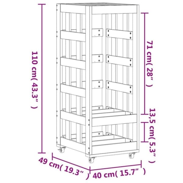 vidaXL brændestativ med hjul 40x49x110 cm massivt fyrretræ