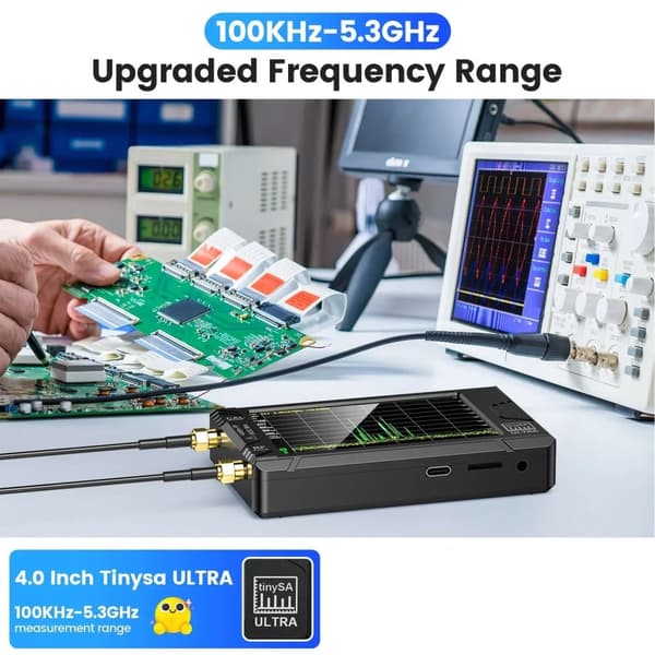 100 kHz till 5,3 GHz handhållen bärbar 4-tums skärm minispektrumanalysator med 32 GB kort och kompletta tillbehör