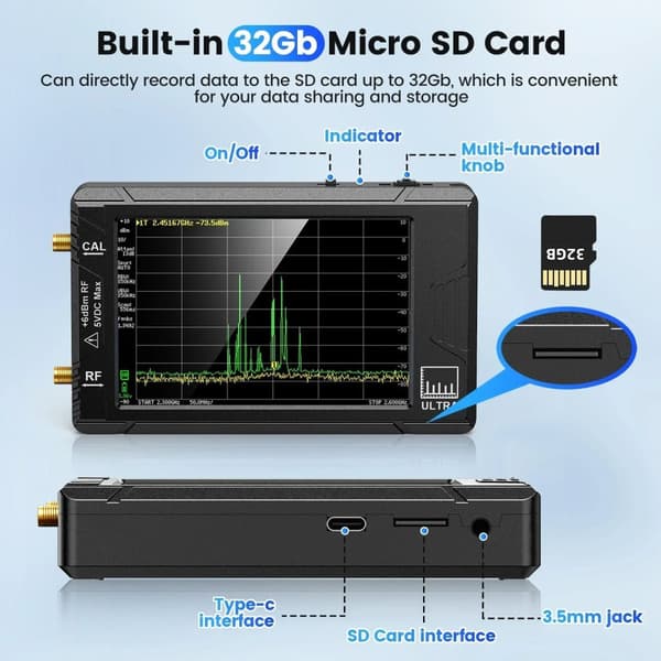100 kHz till 5,3 GHz handhållen bärbar 4-tums skärm minispektrumanalysator med 32 GB kort och kompletta tillbehör