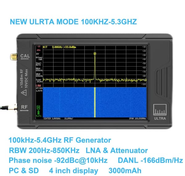 100 kHz till 5,3 GHz handhållen bärbar 4-tums skärm minispektrumanalysator med 32 GB kort och kompletta tillbehör
