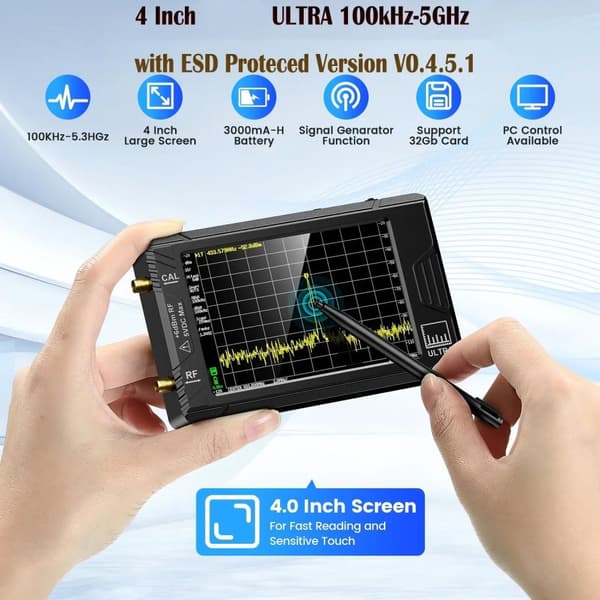 100 kHz till 5,3 GHz handhållen bärbar 4-tums skärm minispektrumanalysator med 32 GB kort och kompletta tillbehör