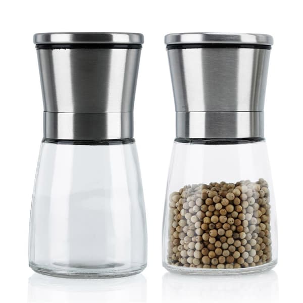 2x Pepperkvern krydderkvern i Silver Håndkvern i glass og rustfritt stål til kjøkkenet, perfekt til å male og knuse pepper, salt, krydder og mye mer