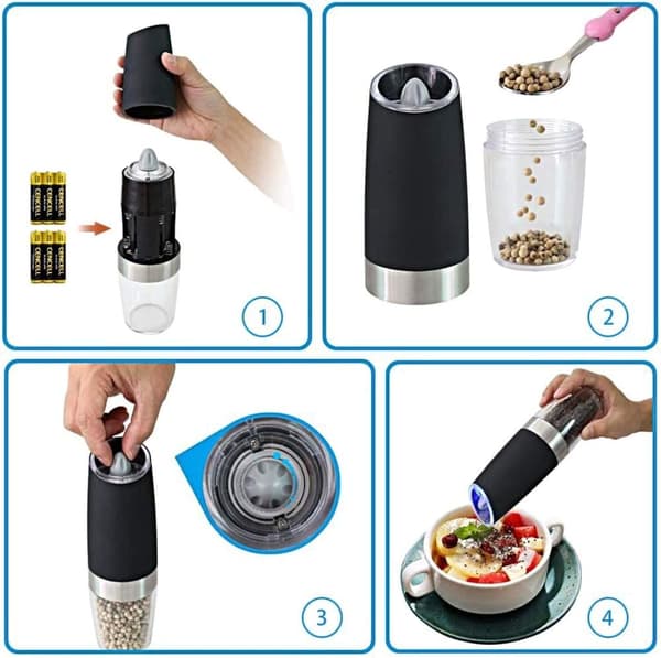 Elektrisk pepparkvarn, elektrisk pepparkvarn Saltkvarn Spice Tall Power Shaker, Automatisk enhandspepparkvarn med LED-ljus 2-pack