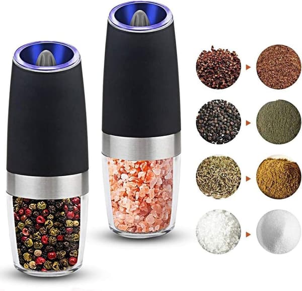 Elektrisk pepparkvarn, elektrisk pepparkvarn Saltkvarn Spice Tall Power Shaker, Automatisk enhandspepparkvarn med LED-ljus 2-pack