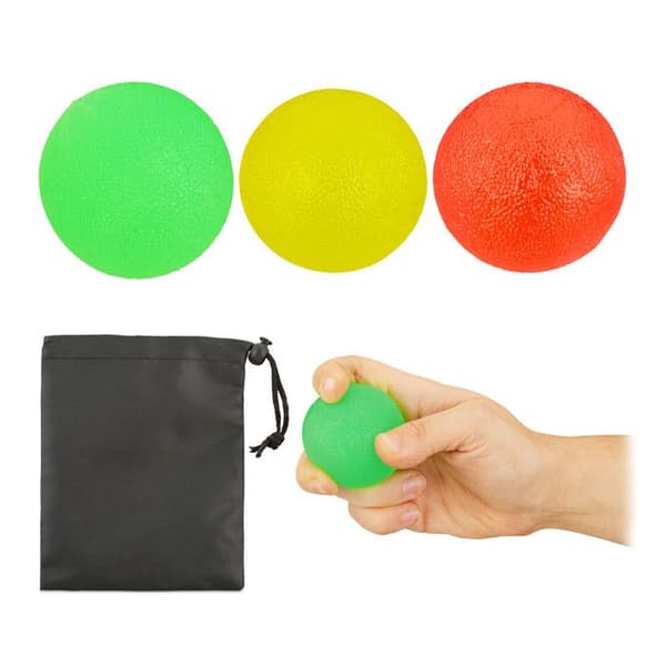 Relaxdays Set med 3 gripbollar, Träningsbollar för att minska stress, påse, 5 cm Ø, gul/röd/grön