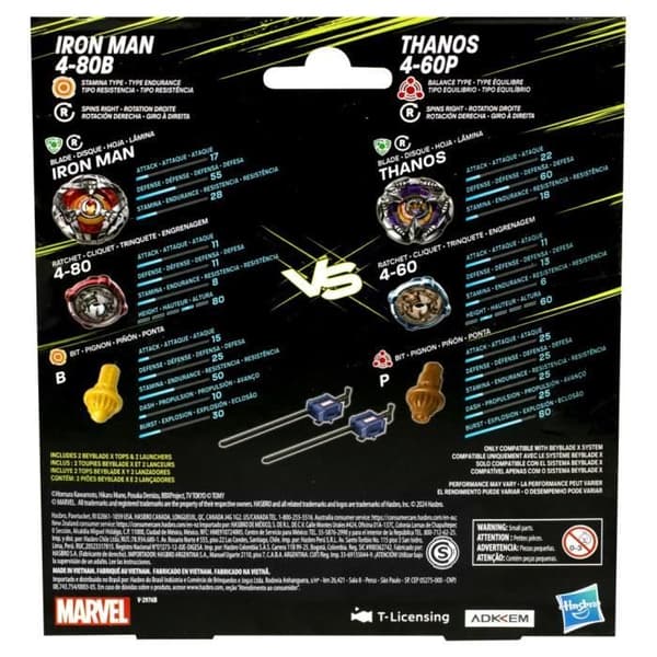 Beyblade X Multipack Topp Iron Man 4-80B vs. Thanos 4-60B, Marvel, Från 8 år