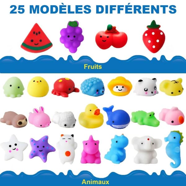 Mochi Squishy-leksaker, Mini Mochi-leksaker - 25-pack - flerfärgade - djur/ frukter (slumptyp) - Lämplig för barn