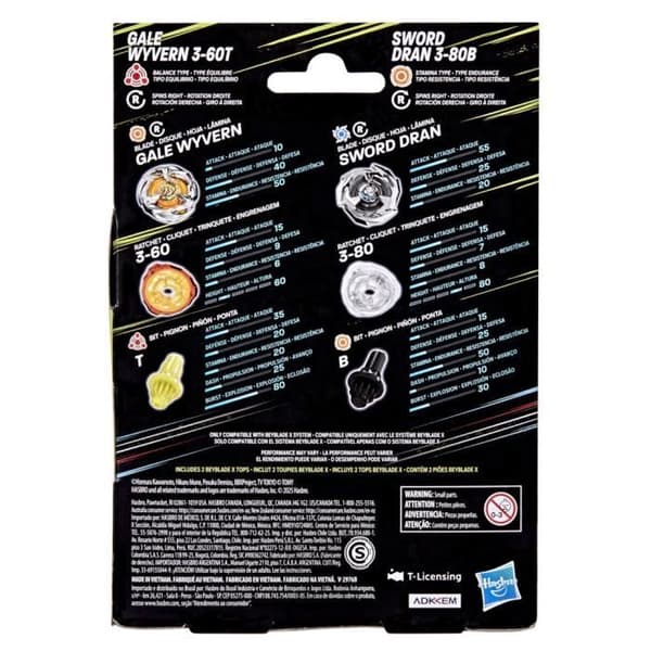 Beyblade X Dual Pack Gale Wyvern 3-60T och Sword Dran 3-80B, 2 äkta Takara Tomy tävlingstoppar med högervridning, Från