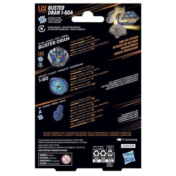 Beyblade X Buster Dran 1-60A UX, uthållighetstopp och launchers, autentiska kamptoppar från Takara Tomy, från 8 år.