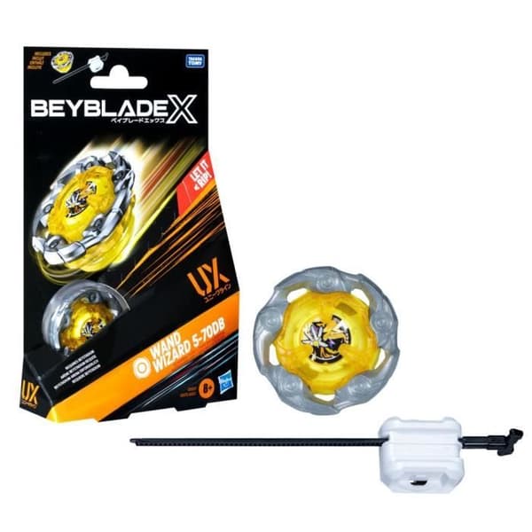Beyblade X Startpaket Wand Wizard 5-70DB UX, uthållighetstopp och launcher, äkta Takara Tomy-topp, från 8 år.