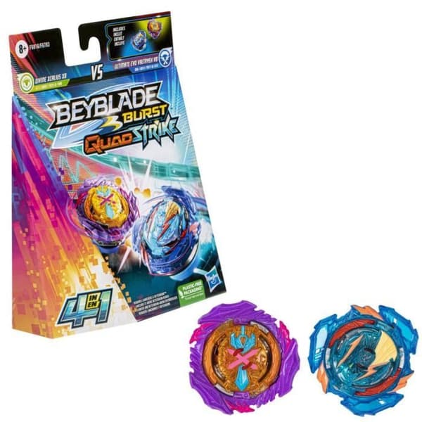 Beyblade Dual Pack, 2 tävlingstoppar Ultimate Evo Valtryek V8 och Divine Xcalius X8, från 8 år, Burst QuadStrike