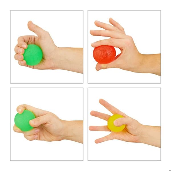 Relaxdays Set med 3 gripbollar, Träningsbollar för att minska stress, påse, 5 cm Ø, gul/röd/grön