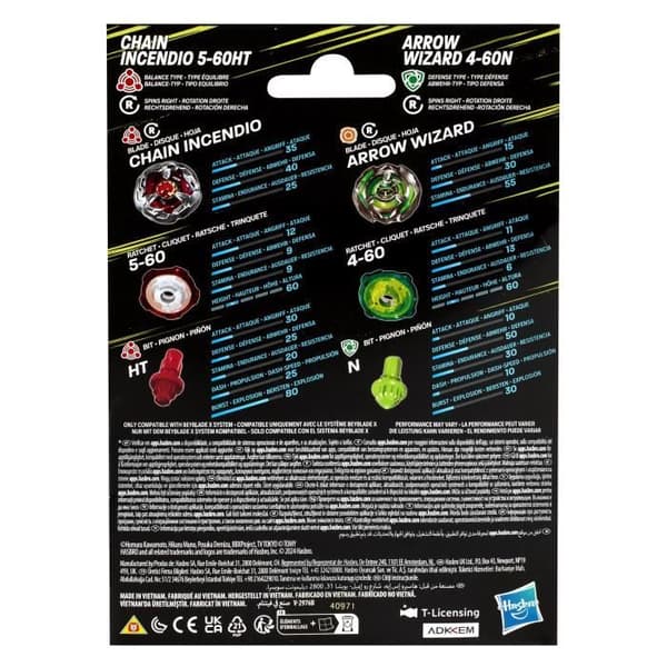 Beyblade X Dual Chain Incendio 5-60HT och Arrow Wizard 4-60N, Pack med avtagbara toppar, Från 8 år