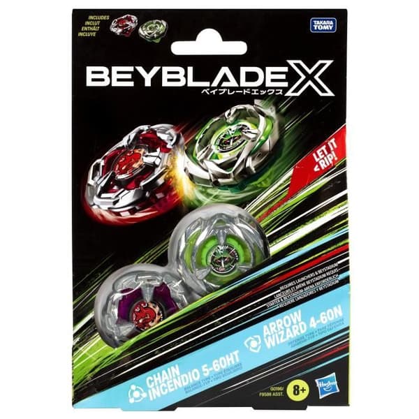 Beyblade X Dual Chain Incendio 5-60HT och Arrow Wizard 4-60N, Pack med avtagbara toppar, Från 8 år
