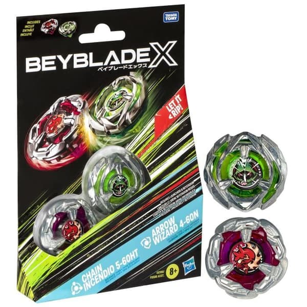 Beyblade X Dual Chain Incendio 5-60HT och Arrow Wizard 4-60N, Pack med avtagbara toppar, Från 8 år