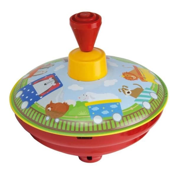 13 cm Bolz Tole med snurra, klassisk musik snurra, tole snurra med järntåg design, snurra med
