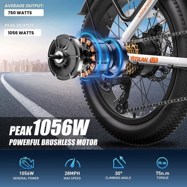 Vitilan U3 Elcykel, 750W Motor 48V 13AH Batteri 20*4.0-tums Feta Däck Vuxen Elcykel, 45km/h Maxhastighet Stads Elcykel