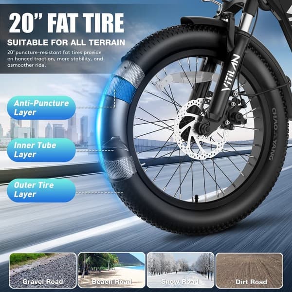 Vitilan U3 Elcykel, 750W Motor 48V 13AH Batteri 20*4.0-tums Feta Däck Vuxen Elcykel, 45km/h Maxhastighet Stads Elcykel